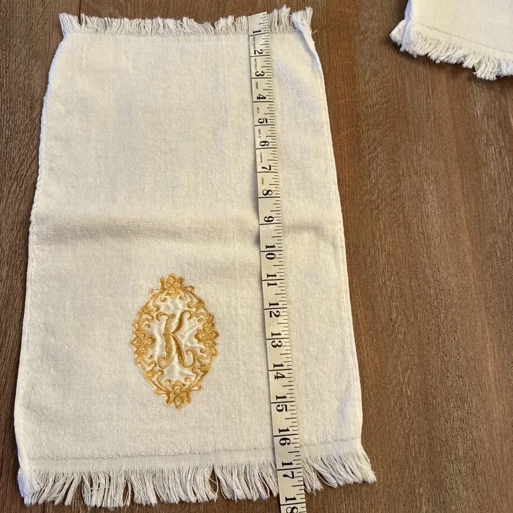 VTG Cannon Monogrammed Initial K Finger Tip Towel Lot Of 3 White With Gold